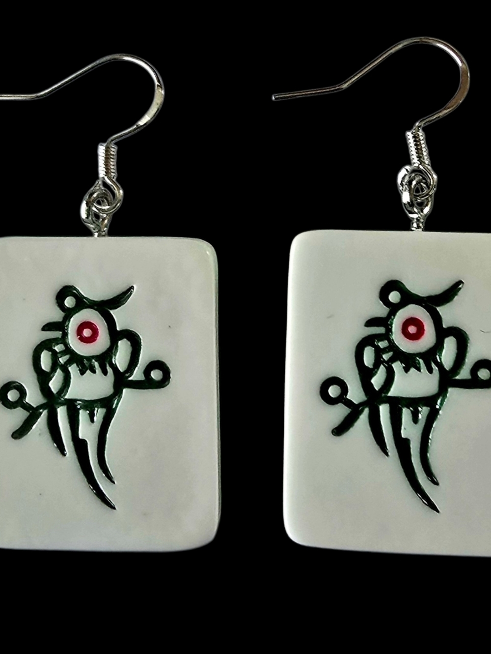 MAHJONG LOVERS BAM TILE POLISHED PORCELAIN 925 SILVER POST EARRINGS DESIGNER - Picture 3 of 3